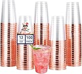 JOLLY CHEF 100 Pack Rose Gold Plastic Disposable Cups, 12 oz Clear Plastic Cups Tumblers, Elegant Rose Gold Rim Disposable Glasses Suitable for Party Wedding