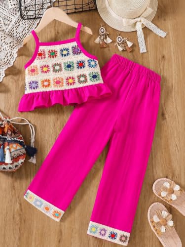 Image of WDIRARA Girl's 2 Piece Outfits Floral Crochet Cami Top and Wide Leg Pants