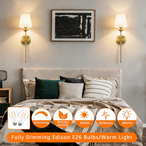 Image of Gold Wall Sconces Set of 2 Hardwired Dimmable Beside Wall Lamp with Switch Fabric Shade Bathroom Wall Light for Bedroom Living Room