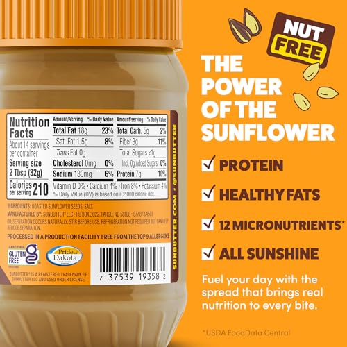 Image of SunButter No Sugar Added Sunflower Seed Butter, 16 oz Nut-Free Spread with 7g Plant-Based Protein, Roasted Rich & Savory Flavor, Smooth Texture | Vegan, Kosher & Non-GMO