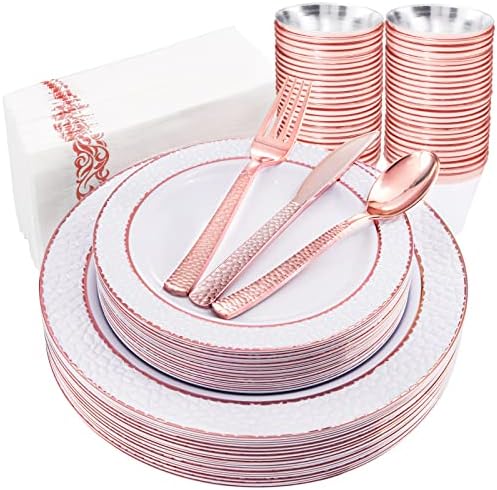 PULOTE 175PCS Rose Gold Plastic Plates - Rose Gold Hammer Plates with Rose Gold Plastic Silverware Include 50Plates,25Knives,25Spoons,25Forks,25Cups,25Napkins Ideal for Wedding&Party