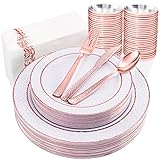 PULOTE 175PCS Rose Gold Plastic Plates - Rose Gold Hammer Plates with Rose Gold Plastic Silverware I
