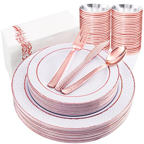 Pulote 175Pcs Rose Gold Plastic Plates - Rose Gold Hammer Plates With Rose Gold Plastic Silverware Include 50Plates,25Knives,25Spoons,25Forks,25Cups,25Napkins Ideal For Wedding&Party #TOP1
