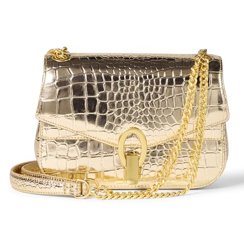 Amazon Essentials Womens Faux Leather Chain Shoulder Bag with Adjustable Strap Metal Hardware and Lock Gold Faux Crocodile One Size