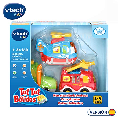 VTech TutTut Bolidos Pack di 3 auto con pulsante a sorpresa, Piero il camion dei pompieri, Vittore il Trattore e Mateo l'elicottero, Multicolore, Unico (3480-242122) , Colore/Modello Assortito