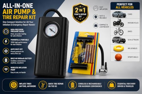 Image of Portable Tire Inflator Air Pump with 150 PSI & Tire Repair Kit, Cordless Air Compressor, Wireless Car Tyre Inflator, Digital Pressure Gauge, Rechargeable Air Pump for Car,Motorcycle, SUV, Bicycle.