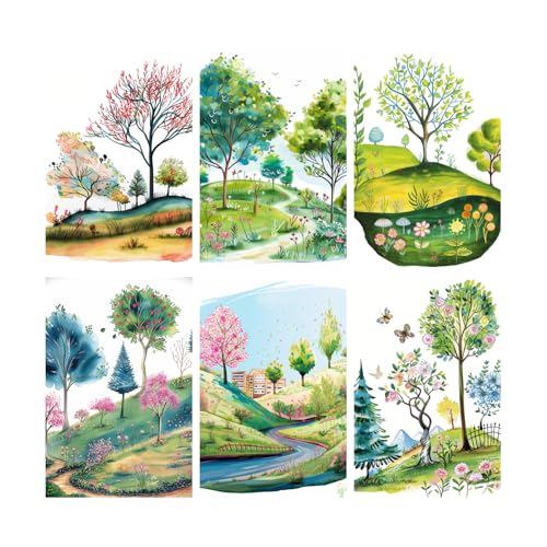 Image of SiddArtify Whimsical Watercolor Landscape Art Print Set - Set of 2-4x6 Inch - Board (Pack of 6) - Sticker (Pack of 6) Wall Room Decoration art Poster Prints
