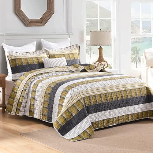 Image of Homzard King Comforter,Cotton King Size Quilt,Amber Green Black Bedding Set,Plaid Striped Bedspread,Lightweight Reversible Coverlet 3 Pieces