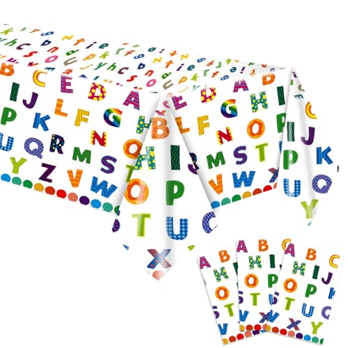 3Pcs Colorful ABC Alphabet Tablecloth 54 x 108 Inch Rectangular, Alphabet Colorful Party Supplies ABC Rainbow DotsTablecloth,Kids Birthday Educations Party Classroom First Day School Ball Decor