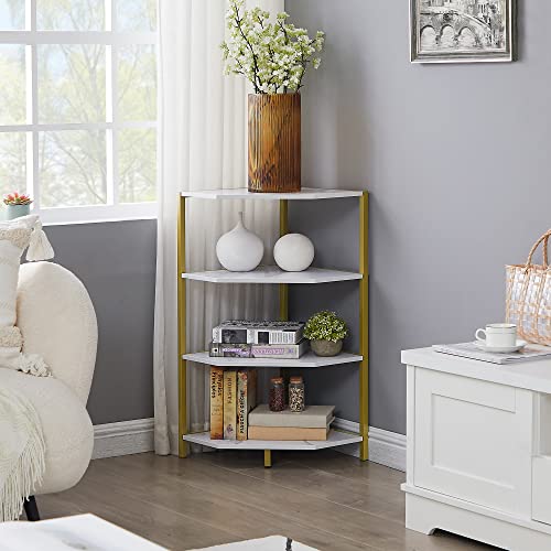 Vecelo 4-Tier Corner Bookcase, Floor Standing Bookshelf, Storage Shelf Unit Rack, 31 In Plant Stand For Home Office, Living Room, Kitchen, Small Space, Marble White #TOP4