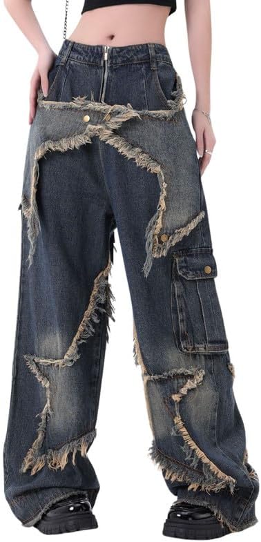 Hopecn Y2K Baggy Jeans Women&Men Star Patch Aesthetic High Waist Straight Leg Pants Vintage Fashion Grunge Streetwear.