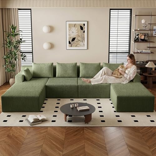 Image of 142 inch U-Shape Cloud Couch, Modern Modular Sectional U-Shape Sofa, Corduroy Boneless Couch Upholstered Couches Deep Seat Sleeper Chaise Longue for Living Room, No Assembly Required,Green