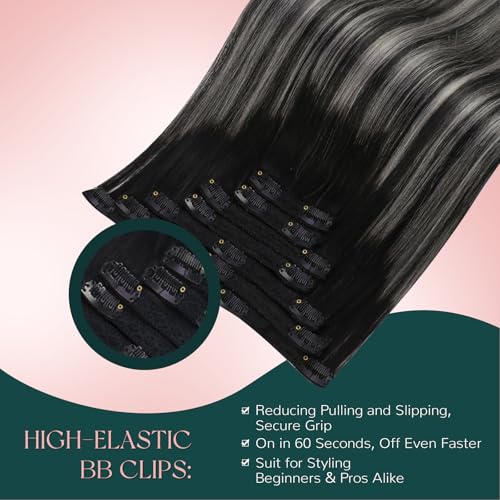 Image of Easyouth Clip in Hair Extensions Real Human Hair Ombre Clip in Extension Blend of Black and Silver with Black Roots Clips on Human Hair Extension Easy to Wear 20 Inch 5Pcs 80G