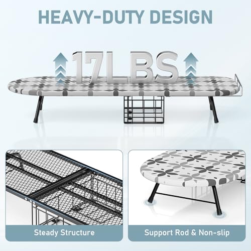 Image of Tabletop Ironing Board with Iron Holder, Foldable Mini Small Iron Board, Iron Rest & Hanger Hook, Heat Dirt Resistant Cover, Portable for Travel Apartment Sewing Laundry