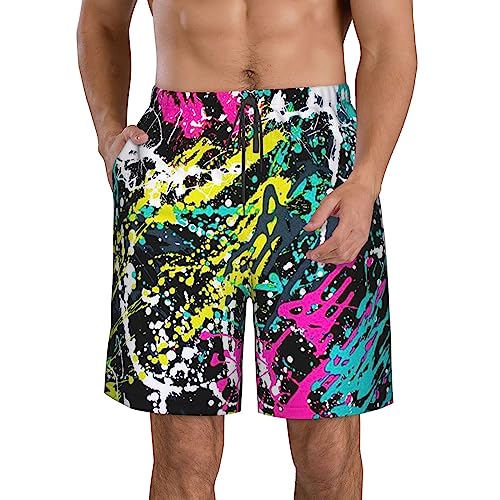 Kkaingg Neon Paint Splatter Men's Swim Trunks Quick Dry Swim Shorts Summer Beach Shorts with Pockets Swimsuit