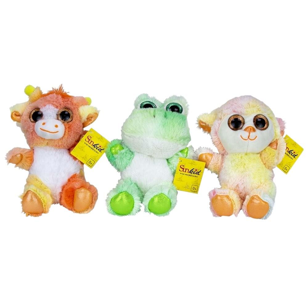 BEMIRO Plüschtiere Set, Bunte Kuscheltiere mit Glitzernden Augen, 6er Pack in Regenbogenfarben, Polyester, ca. 18 cm Groß, Tiermotive in Zufallsauswahl, Geschenk für Kinder ab 0 Jahren