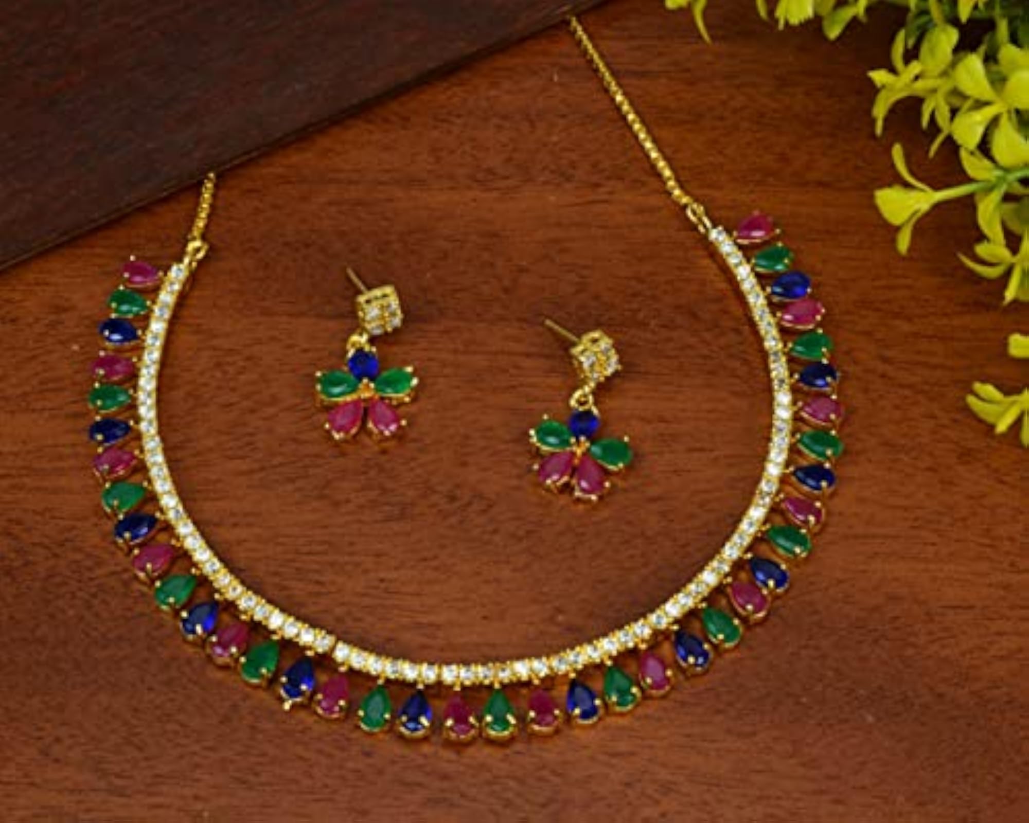 American Diamond Plated Sparkling Choker Necklace with Earrings Set