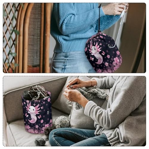 Image of Sellikakes Axolotl Cherry Blossom Yarn Bag Crochet Storage Organizer, Knitting Storage Bag Portable Yarn Holder Crocheting Organizer Store Skein Ball Needles,Sewing Accessories Supplies