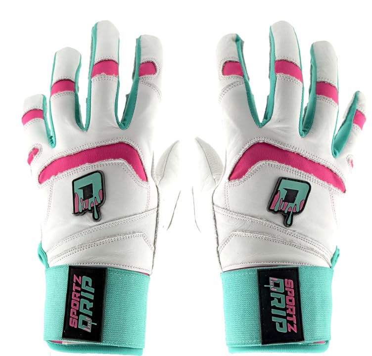Schlaghandschuhe (weiß/rosa) – Echtlederhandschuhe für Baseball- und Softballspieler – Unisex-Jugendliche, Unisex-Erwachsene