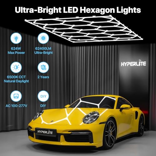 hyperlite gen 2 hexagon garage lights 624w 62400lm 15 grids hexagon led lights 6500k ultra bright honeycomb hex lights easy install durable design for garage car detailing workshops gym