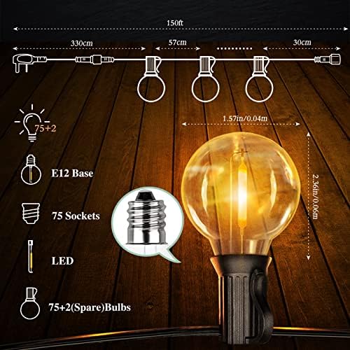 150FT/45.7M Outdoor String Lights LED Mains Powered, G40 Garden Lights with 77 LED Shatterproof Bulbs(2 Spare),Weatherproof Patio Light 2700K Festoon Lights for Backyard Decor Bistro Party Yard Naatsu