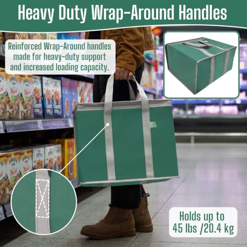 Image of 2 Pack Large Insulated Bag with Reinforced Lid and Handles, Foldable Cooler Stand Up Shopping, Thermal Reusable, Durable Meal (Green, Pack of 2)