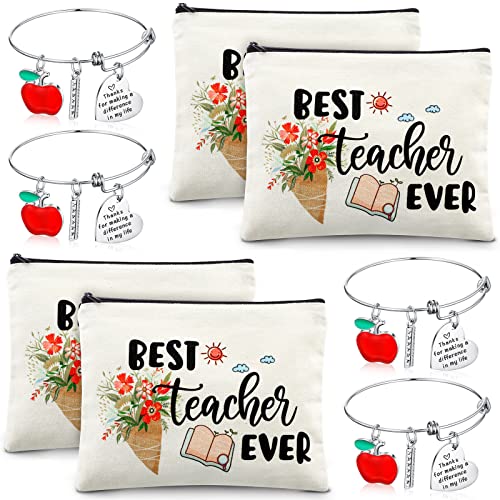 MTLEE 8 Pcs Teacher Graduation Gift Set for Women, 4 Makeup Pouch Cosmetic Bags and 4 Bangle Bracelets, Graduation End of Year Thank You Gifts for Teacher(Best Teacher Ever)