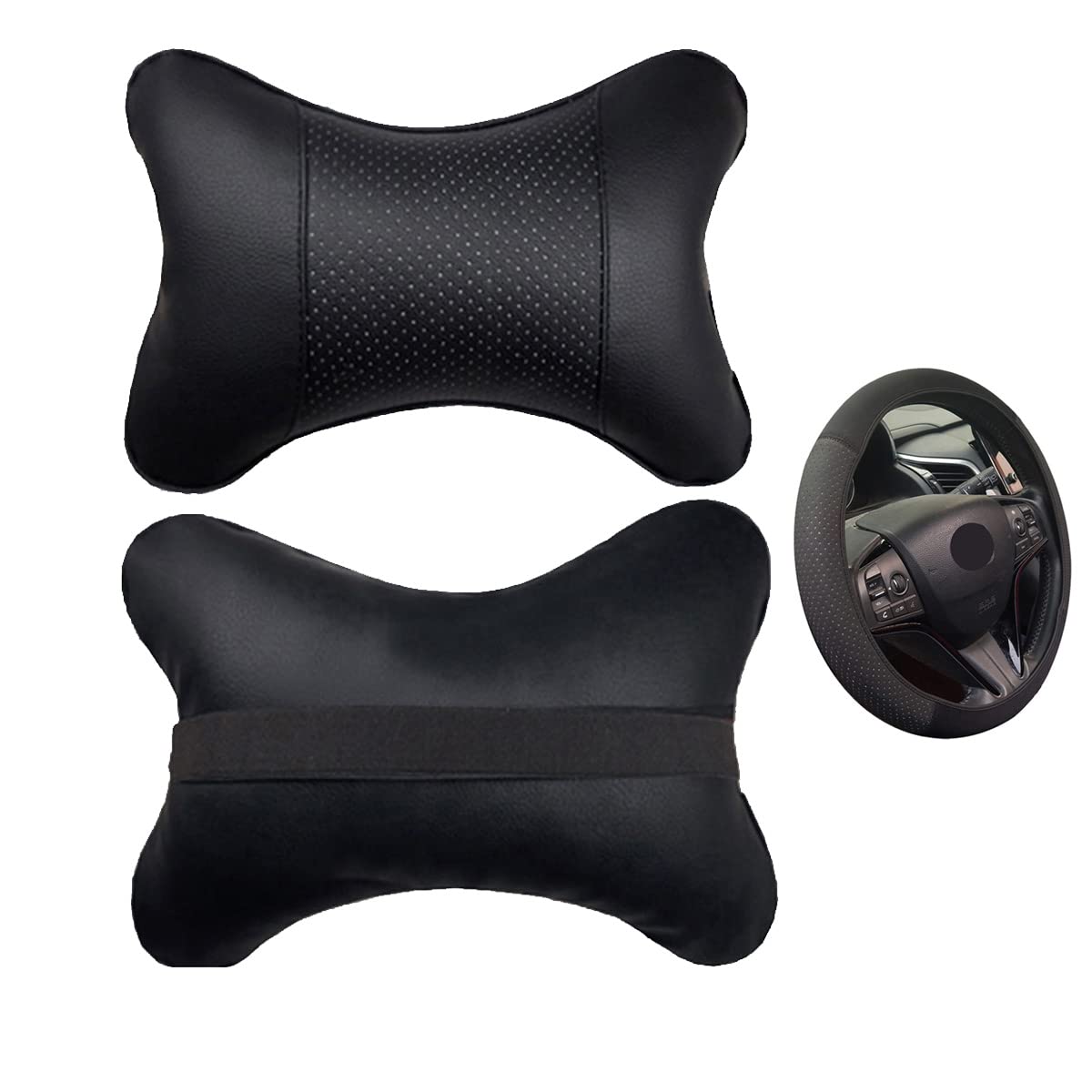 yuhuru Car Neck Pillows Both Side Pu Leather 2pieces Pack Headrest Fit for Most Cars Filled Fiber Universal Car Pillow (Pillow+Wheel Cover)