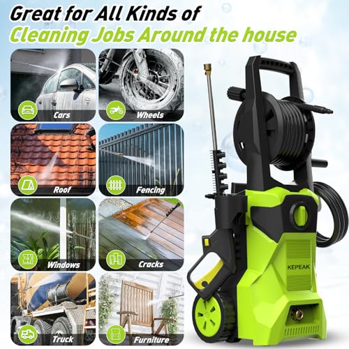 Image of KEPEAK 5000PSI Portable PowerWasher with 4 Quick Connect Nozzles, Foam Cannon, 52ft Hose Reel, for Cars Fences Driveways Patios