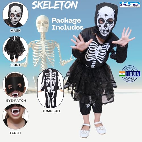 Image of Kaku Fancy Dresses Polyester Skeleton Girl Costume Halloween Dress For Kids Costume -Black, 7-8 Years
