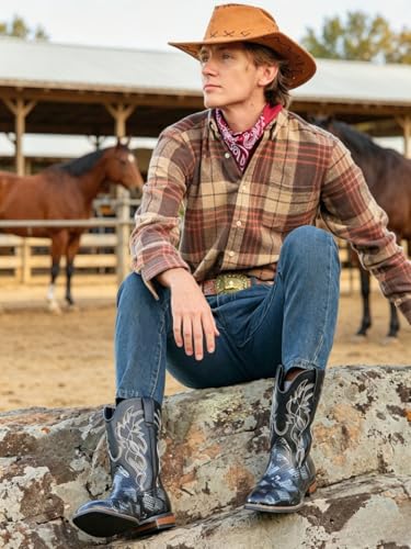 Image of Python Manning Men's Boots Cowboy for Men Classic Square Toe Western Pull Up Snakeskin Embroidered Mid-Calf Boots