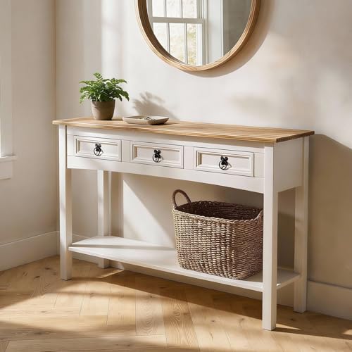 CARO-Möbel Konsolentisch Campo aus massiver Kiefer 3 Schubladen I Kleiner Beistell Schreibtisch im Landhaus Mexiko Stil I weiß lasiert gebeizte und gewachste Oberfläche