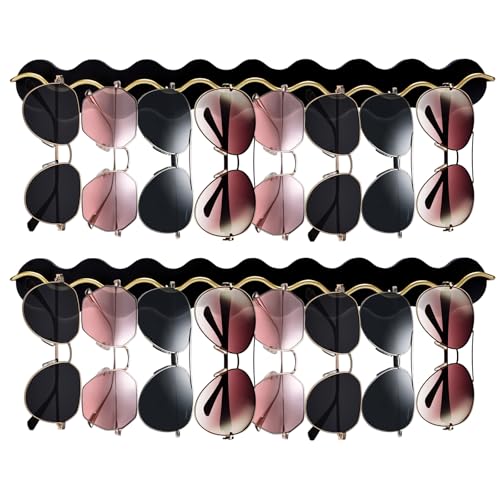 Lampaggio 2 Pack Sunglass Organizer Wall Mount, Wooden Eyeglasses Holder Rack with 16 Slots, Modern Glasses Display Shelf for Wall Hanging Storage in Home or Office, Black