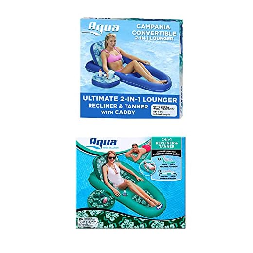 Aqua Leisure Set of 2 Campania Inflatable Convertible 2 in 1 Pool Float Lounger Recliners with Storage Caddies and Cupholders, 1 Teal & 1 Floral