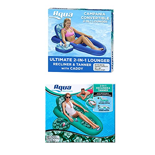 Aqua LEISURE Set of 2 Campania Inflatable Convertible 2 in 1 Pool Float Lounger Recliners with Storage Caddies and Cupholders, 1 Teal & 1 Floral