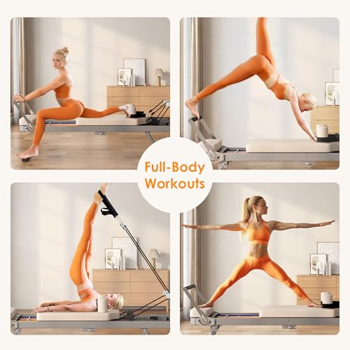 SogesPower 78" Pilates Reformer Machine for Home Gym Workout, Foldable Pilates Equipment with Springs and Cords for Dual Resistance, 400 LBS Beige - Thumbnail 6