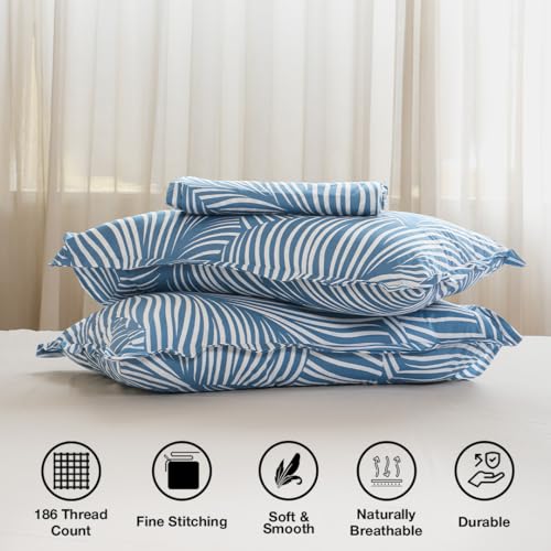 Image of HOMEMONDE Cotton Fitted Sheet Feather Printed Double Size Elastic Fitted Bedsheet with Two Pillow Covers |186 TC | (78 X 60 Inches, Blue Feather) | Perfect for Home Decor & Gifting