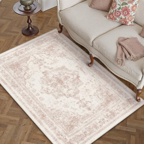 Area Rug 3x5 Washable Pink Rug Vintage Boho Medallion Entryway Door Mat Entrance Distressed Retro Carpet Non Slip Low Pile Small Soft for Office Kitchen Bedroom Laundry Bathroom Hallway