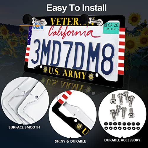 Us Army Veteran License Plate Frames Set Of 2, American Flag License Plate Covers, Patriotic License Plate Holder For Men, Black Aluminum Metal Personalized Decorative Car Tag Frame #TOP2