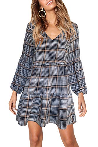 Womens Tunic Dress Bell Sleeve V Neck Plaid Casual Swing Dress Black L #TOP1
