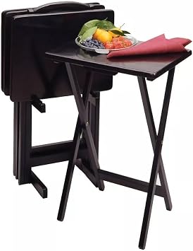 ORAVO 5pc Snack Table Set Black TV Tray Set Wood Classic TV Dinner Rectangular Folding Tray Table