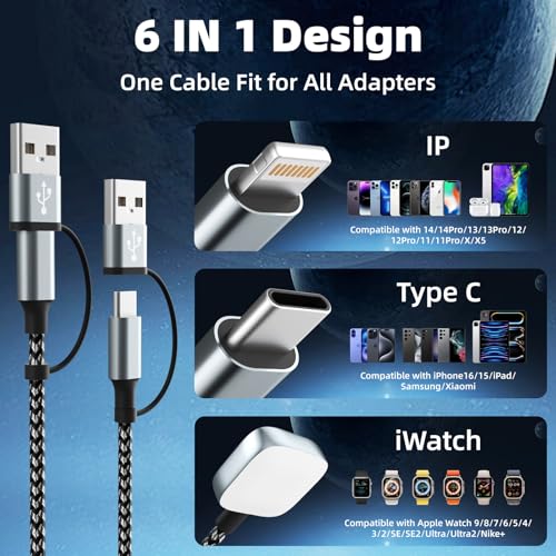 Image of Travel Essentials 3 in 2 Multi Charging Cable for iWatch Charger /IP /USB-C