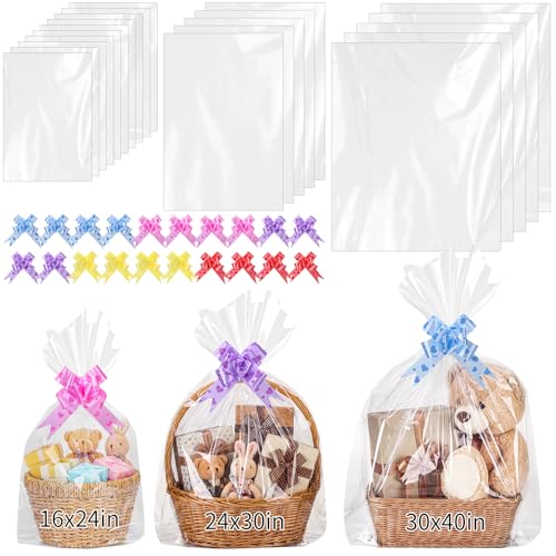 Image of woric 20 PCS Clear Large Cellophane Bags 3 Sizes 30x40 24x30 16x24in | Cellophane Wrap for Gift Baskets Plastic Gift Bags with 20 Pull Bows for Baby Shower Back to School Graduation Gifts Wrapping