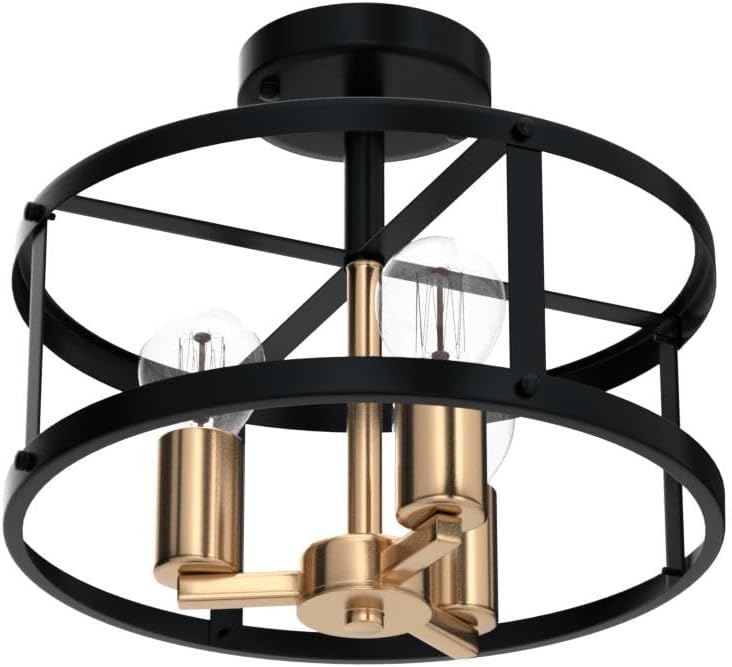 AGV LIGHTING Farmhouse Semi Flush Mount Ceiling Light Fixture， 3-Light Close to Ceiling Light, Shiny Gold & Matte Black Finish