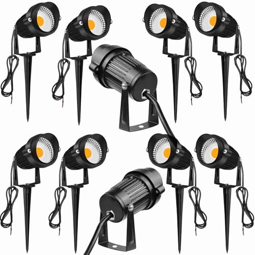 10Pack 5W LED Floodlight Low Voltage (AC/DC 12-24V) Landscape Lights Outdoor Waterproof Garden Pathway Lights Wall Tree Flag Spotlights with 10Pcs 15CM Spike Stands (CCT 3000K Warm Light)