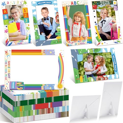 Image of AmazingSpark 50 Pack Back to School Paper Photo Frames Picture Frames, Classroom Theme Paper Photo Holders with Easel Back, 5 Designs for School Party Table Decorations