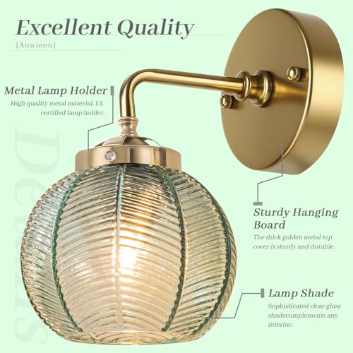 Image of Green Glass Wall Sconce Art Deco Globe Shade Gold Vanity Lights | Vintage Wall Light Over Mirror, Easy to install, Bathroom Vanity Lighting, 110V E26 Base, Mid Century Modern Wall Lamp