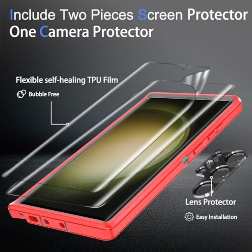 Coque Samsung S23 Ultra rouge et gris avec protections d'écran et d'objectif intégrées