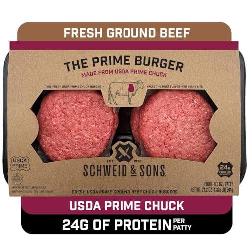 Schweid and Sons, The Prime Burger, Beef Chuck Burgers, 75% Lean/25% Fat, USDA Prime, 1.325 lb, Pack of 4