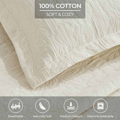Superior 3 Piece Cotton Bedspread Set, Home Bed Decor, Decorative Bed Spread, 2 Pillow Shams, Medium Weight Blanket, Matelasse Coverlet, Bedding Essentials, Hibiscus Collection, Queen, Ivory